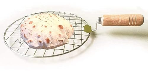 Barbeque Stainless Steel Wire Roaster Ideal for Roti Roast, Papad Roaster Chapati Toast, Paneer tandoor net Grill Wooden Handle (Round - 21 cm Diameter)