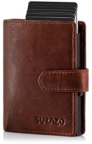 SURAZO® Echtleder Kreditkartenetui mit Münzfach | Slim Kartenhalter mit 10 Kartenfächer | Kartenetui RFID NFC Schutz | Mini Leder Kartenhülle Wallet | Klein Geldbörse für Herren und Damen (Camel)