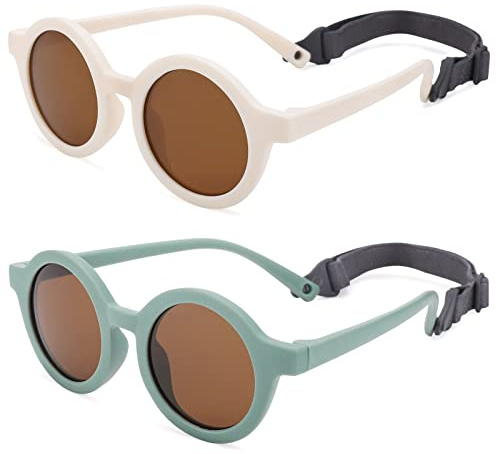 COASION Baby Polarized Round Sunglasses Flexible Rubber Shades with Strap for Toddler Newborn Infant Ages 0-24 Months (Green/Brown + White/Brown)