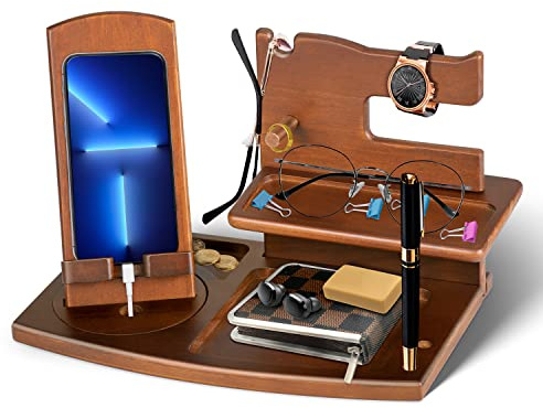 AliveByte Männer Holz Telefon Dockingstation Geburtstag Männer Papa Geschenk Vatertag Nachttisch Organizer Jahrestag Weihnachten Geschenke für Ehemann Vater