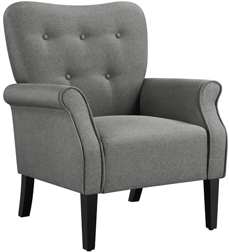 Yaheetech Modern Armchair, Mid Century Accent Chair with Sturdy Wood Legs and High Back for Small Space, Upholstered Fabric Sofa Club Chair for Living Room/Bedroom/Office, Dark Gray