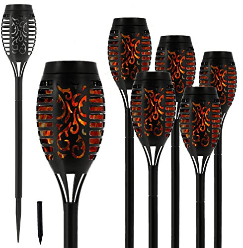 Juego de 6 antorchas solares LED, 50 cm, efecto llama, 7 ledes SMD, estaca de suelo, lámpara decorativa para jardín, fuente de luz (1 juego de 6 antorchas solares LED de 50 cm)
