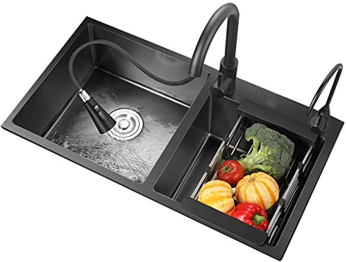 Cuisines Évier en Acier Inoxydable De Cuisine À Domicile Bac À Légumes Double Évier Évier À Siphon avec Robinet, Robinet Propre, Panier Égouttoir Évier De Bar De Restaurant Bain (Color : Noir, S : 7