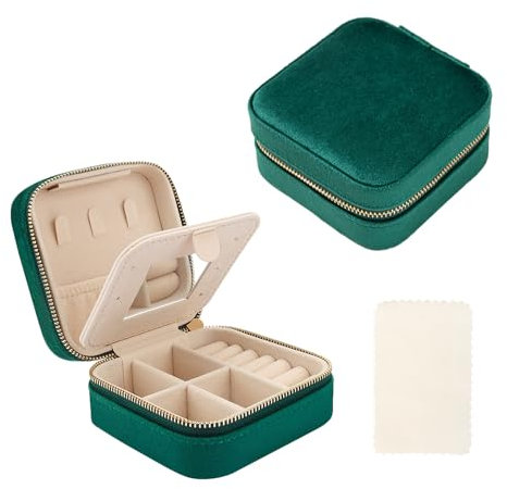 MEMOFYND 1 scatola portagioie quadrata in velluto verde con 1 panno lucidante in argento bianco, anelli, orecchini, collane e bracciali.