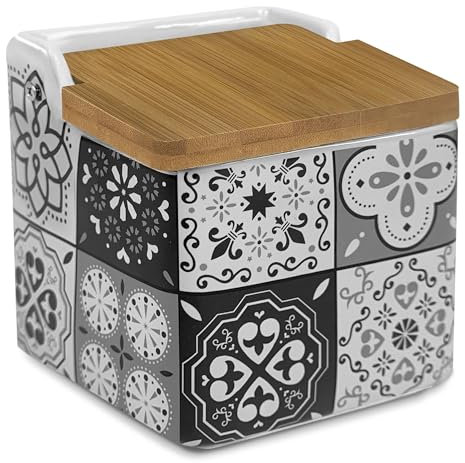 TIENDA EURASIA - Salero de Cocina de Cerámica | Tapa Abatible de Bambú | Diseño Moderno de Mosaico | Color Gris | Medida 12 x 12 x 11 cm | Saleros de Cocina Modernos