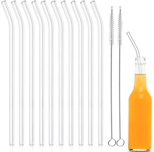 Pajitas de Vidrio, 10 Pajitas Dobladas Vidrio Rectas, Pajitas de Vidrio Reutilizables, Pajitas de Vidrio Transparente de 20cm, con 2 Cepillos Limpiadores, para Zumos, Batidos, Bebida