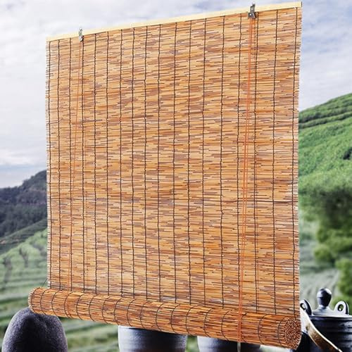 Bamboo Blinds Carbonization Natural Reed Curtains Outdoor Roller Blind for Windows Hand-Woven Roman Shades Kitchen Bathroom Screen Decorative Sunshade 70% for Garden Balcony With Lifter(Size:(WxH)125x