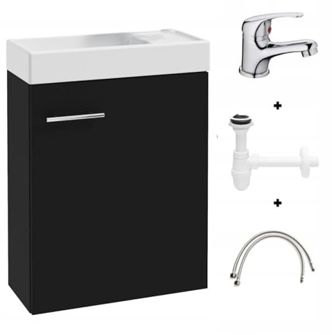 .Deftrans waschbecken gäste wc mit unterschrank 50 x 70 x 23 cm, gäste wc waschtisch, gästewaschbecken klein Set - waschbeckenunterschrank schwarz mit Siphon und Waschtischarmatur
