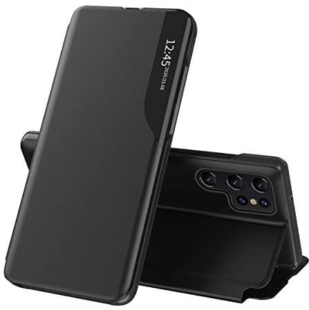 SIYOPINPFY Handyhülle für Samsung Galaxy S23 Ultra hülle, Etui für Frauen Männer Smart View Wallet Case + PU Leder Ständer Klapphülle Stoßfest Schutzhülle für Samsung Galaxy S23 Ultra Schwarz QHC | Klapphülle aus hochwertigem PU-Leder, robuster, langlebiger PC-Rahmen, Rundumschutz, stoßfest, intelligente Display-Funktion