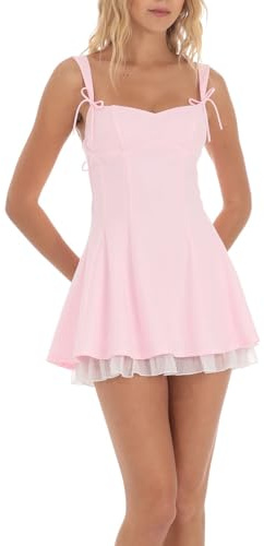 Kvinnors spetskant korsett miniklänning söt ärmlös fluga rem kort tank klänning Y2K fe blommig en linje klänning streetwear, En rosa, L