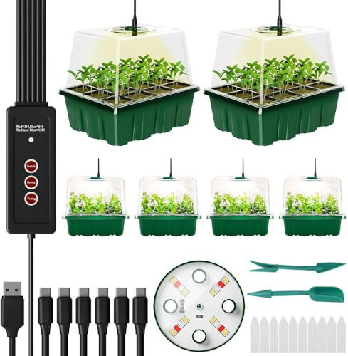 KBIBCK Semenzaio Germinazione, 6 Pezzi Vassoio Germinazione con Luce di Coltivazione, Mini Serra Riscaldata, Serra da Interni con Luce, Semenzaio per Interni con Controller Luminosità Regolabile Timer