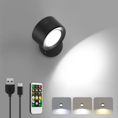 LED Wandleuchte Innen, 1 Stück Akku Wandlampe mit Fernbedienung Kabellos Leselampe, 3 Farbmodi Dimmbar Nachttischlampe Wandlicht, 360° Drehbare Aufladbare Leuchten für Treppe Wohnzimmer Schlafzimmer