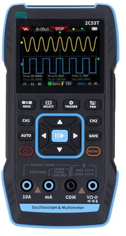 2 Canales Osciloscopio, Osciloscopio de Mano Actualizado con Operaciones Matemáticas, Almacenamiento de Imágenes de Forma de Onda y Exportación, Ancho de Banda de 50MHz, 250 Ms/s