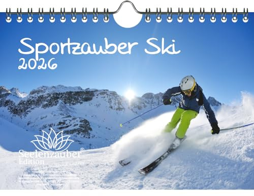 Skizauber DIN A5-kalender för 2026 berg och skidor – presentset innehåll: 1 x kalender 1 x julhänge 1 x gratulationskort (totalt 3 delar)