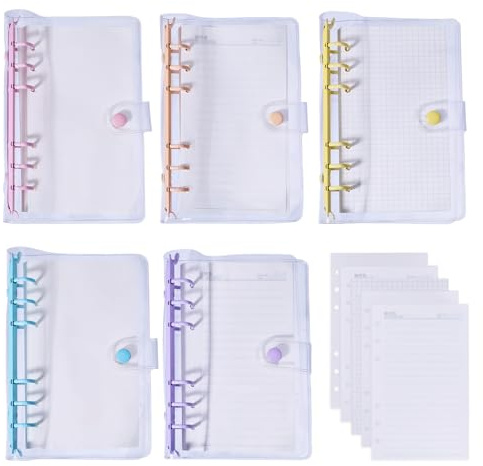 GLOBLELAND 5 pezzi 5 colori A6 trasparente PVC 6 copertina per raccoglitori ad anelli con anelli di ferro trasparente in morbido PVC con 5 confezioni di chiusura interna, raccoglitore ad anelli con