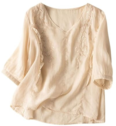 Leinenbluse Damen Sommer, Boho Bluse Damen Folklore Sommer Damenblusen Oberteile Casual V Ausschnitt Strand Shirt Stickerei Tunika 3/4 Arm Tshirt Elegant Tops Beige