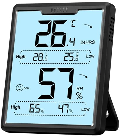 DOQAUS Rumstermometer, digital termohygrometer inomhus med hög låg historia, LCD-skärm babyrum termometer med bakgrundsbelysning, ℉/℃ valbar, för växthus, barnkammare, källare (vit)
