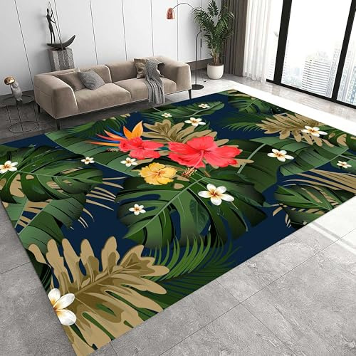 Kuluoits Leaf Area Rug, 60x90cm, Tropical Plant Theme Floor Mat, Monstera Red Yellow White Floral Pattern Print Rug, Washable Non-Slip Indoor Floor Mat for Entrance Living Room Apartment Dormitory