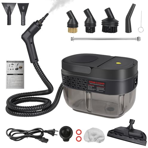 2 500 W ångrengörare handenhet med digital display, högt tryck ångtvätt för hem, handångtvätt med tillbehör för soffa, kakel, kök och badrum, ångrengörare med borstfästen (svart)