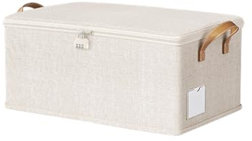 ACESOME Lockable Storage Box, Linen Organizer Box with Lock, Minimalist Foldable Storage Box with Lid & Handle, Wardrobe Storage with Dual Zippers for Clothes, Toys, Quilts, Seasonal Wardrobe