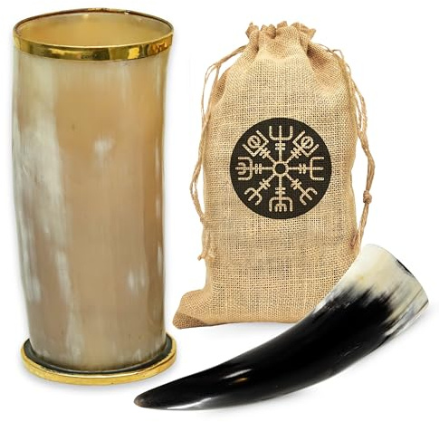 Viking Drinking Horn Mugs Set of 02 with Brass Rim & Burlap Bags | Authentic Handcrafted Ox Horn Tankard Pair for Mead, Ale, Beer, Wine & Cold Beverages