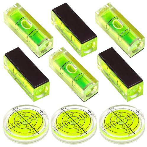 Auniwaig 9 Pcs Small Bubble Spirit Level, Mini Magnetic Square Bubble Levels, Circular Spirit Measuring Tools for Balancing Picture Hanging, Camera, Turntable, Tripod, Frame, Drill, 10x10x29mm, 32x7mm
