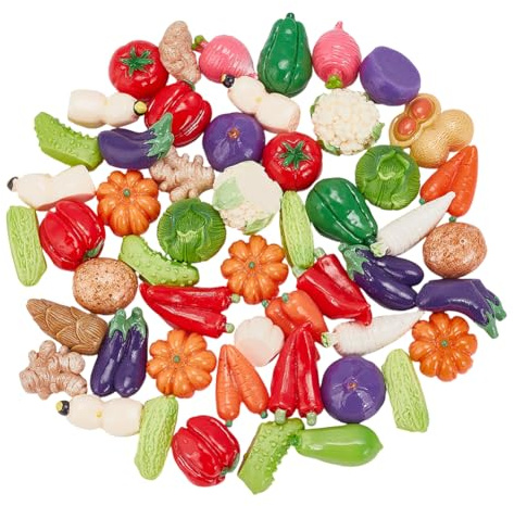 CRAFTMELODY 50Pcs Résine Artificielle Légumes Miniatures Figurines Légumes Faux Tomates Carottes Oignon Champignon Pomme de Terre Aubergine Décorations