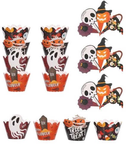Parliky 2 Ensembles Garnitures Cupcake Halloween Papier avec Toppers Citrouille Fantôme Crâne Décorations de Gâteau pour Fête et Shower