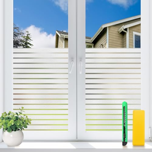 Snugfolk Window Film Privacy for Glass Windows 59.5x200cm, Opaque Window Film Frosted Stripe Pattern Static Cling No Glue UV Protection for Office Home Kitchen