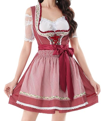 Generisch Costume traditionnel allemand pour femme - Robe de fête de la bière - Cosplay - Robe en dentelle - Costume de carnaval - Robe élégante, rouge, XL