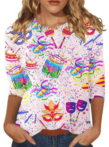 Faschingsshirt Damen Langarm Karneval Maske Druck Faschingskostüme T-Shirt Rundhals Mardi Gras Karnevalshirt Bequeme Locker Tunika Streetwear 70er Jahre Faschings Karnevalkostüm Tshirt Frauen