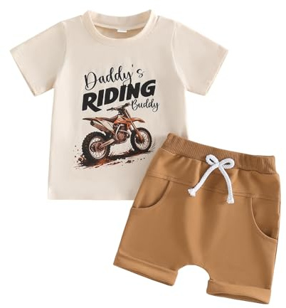 Bagilaanoe Toddler Baby Boy Short Sleeve T-Shirt and Shorts Set Motorcycle Graphic Letter Print Clothes Summer 2PCS Outfit (Khaki, 12-18 Months)