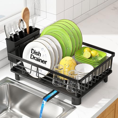 romision Dish Drainer Drying Rack for Kitchen Sink, Stainless Steel Metal Anti-Rust Large Black Wide Plate Bowl Draining Washing Up Holder with Extra Big Spout Drainage & Drip Tray