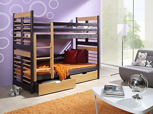 naka24 Massivholz Kiefer 190x80 Graphit/buche Etagenbett 2Liegeflächen inkl.2Matratzen Hochbett AUGUSTYN NEU