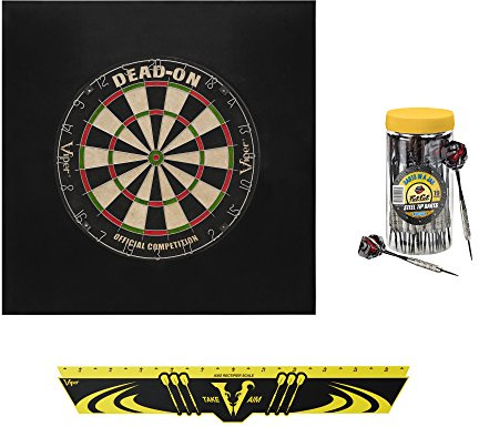 Viper Defender II bakplatta och sisal/bristle stålspets darttavla paket: Premium set (död på darttavla, försvarare II bakbräda, kantkastlina, 21 st burk med dart)