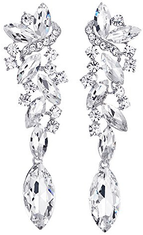 Large and Long Women's Marquise Crystal Drop Earrings, Leaf Vine Cluster Dangle, Statement Bridal Wedding Jewelry Glamorous Chandelier Style