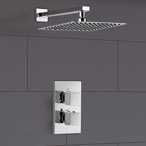 Nes Home | Lily Square Thermostatic Concealed Mixer Brass Valve 2 Dial 1 Outlet + 200mm Thin Shower Head + Arm