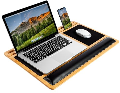 LAPGEAR Bamboo Pro Lap Board with Wrist Rest, Mouse Pad, and Phone Holder - Natural - Fits up to 17.3 Inch Laptops and Most Tablets - Style No. 77101