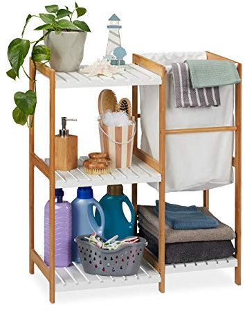 Relaxdays Estantería de baño con cesto de la Colada, Abierto, De pie, Bambú y MDF, 76 x 65,5 x 33 cm, Marrón & Blanco
