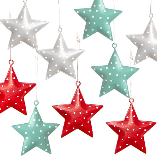 Logbuch-Verlag 9 Bunte Sterne Weihnachten Anhänger rot grau türkis 5 cm Metallsterne Weihnachtsbaumschmuck