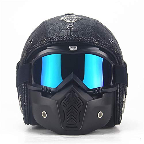 MRDEAR Casque Moto Jet Noir, Casque Scooter Demi Vintage Fait Main Cuir PU Rétro Casque Ouvert Intégral Adulte Femme Homme Chopper Biker Pilot avec Visière Lunettes Masque,XL