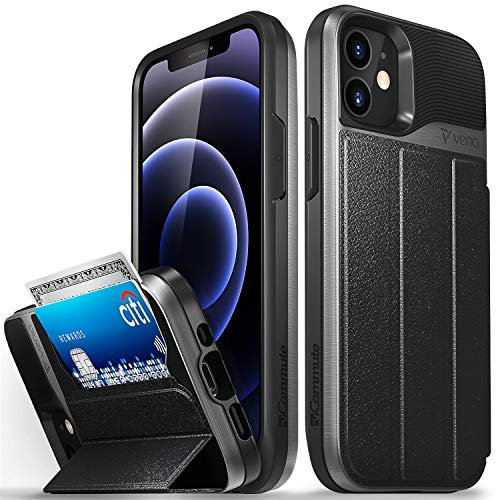 VENA vCommute Brieftasche Hülle für Apple iPhone 12 Mini (5.4-inch), (Military Grade, Kartenfach) HandyHülle mit Standfunktion, Leder Flip Brieftasche Etui Schutzhülle - Grau