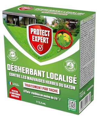 PROTECT EXPERT Désherbant Concentré Localisé Contre Les Mauvaises Herbes Du Gazon - 112,5ml - Soit 50 m² - Non Sélectif - Bidon Doseur DG100