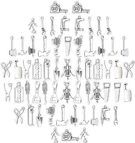 SUNNYCLUE 1 Box Home Tools Charms Alloy Pendants Tibetan Style Miniature Scissor Hammer Axe Bottle Opener Nail Drawer with Hole for Crafting Jewelry Making Accessory DIY, Antique Silver