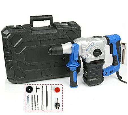 Professional Marteau perforateur, Perceuse Percussion (SDS Max, 1500W avec Guide de Profondeur, 2 Burins, 3 Forets, Poignée Supplémentaire, Graisse, Housse anti-poussière, clé, Mallette de rangement)