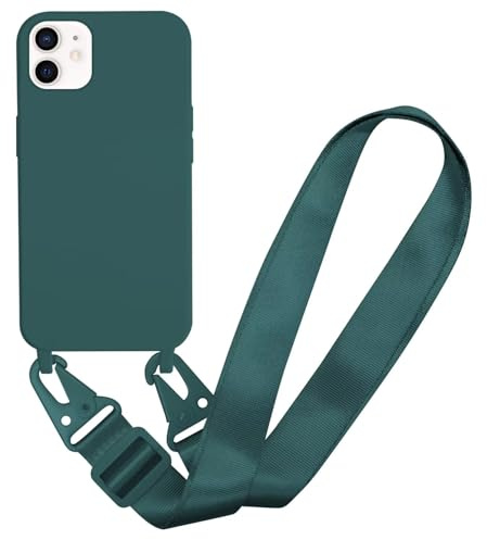 MBSLFY Handyhülle kompatibel mit iPhone 12/iPhone 12 Pro Hülle mit Band, Silikon Necklace Handyhülle mit Abnehmbar Kordel Umhängen Stossfest Handy Schutzhülle für iPhone 12/iPhone 12 Pro, Dunkel grün