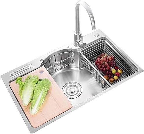 BTZHY Spülbecken/Einbauspüle,Badewannen-Einzelbecken 304 Edelstahl-Gemüsewaschbecken Multifunktions-Einbauwaschbecken 78 cm Silberwaschbecken mit Wasserhahn