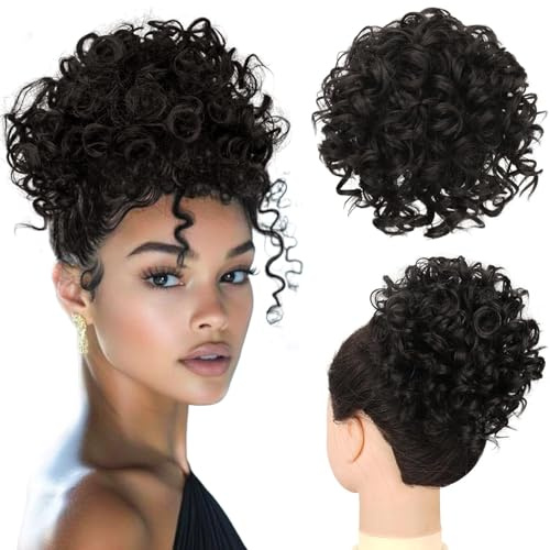 PORSMEER Haarteil Dutt Haar Bun mit Elastischer Kordelzug Kurz Locken Welle Pferdeschwanz Haarteil Kunsthaar wie Echthaar Updo Haarverlängerung zopf für Frauen Tägliche,Natürliches Schwarz