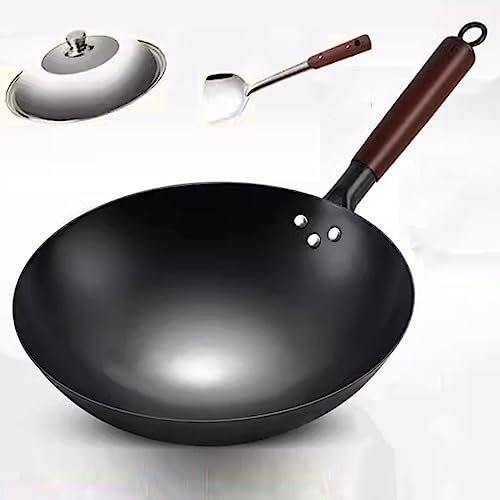 Sartén De Inducción, Sartén Wok De Acero Al Carbono Wok Martillado Chino Pow Con Tapa Sartén Wok Pow De Acero Al Carbono Martillado Con Tapa Juego De Utensilios De Cocina ( Color : Noir , Size : 32X10