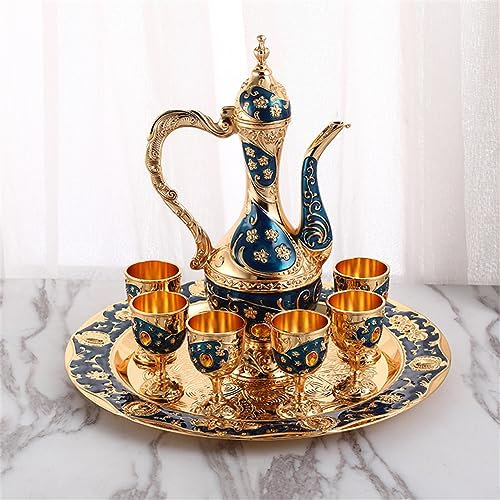 HJDSUDU Set da tè Arabo, Set da caffè Turco Vintage con Vassoio per teiera e 6 Tazze Decorazioni Artigianali Set di Flagon Set di Tazze turche Teiera Turca,Blu